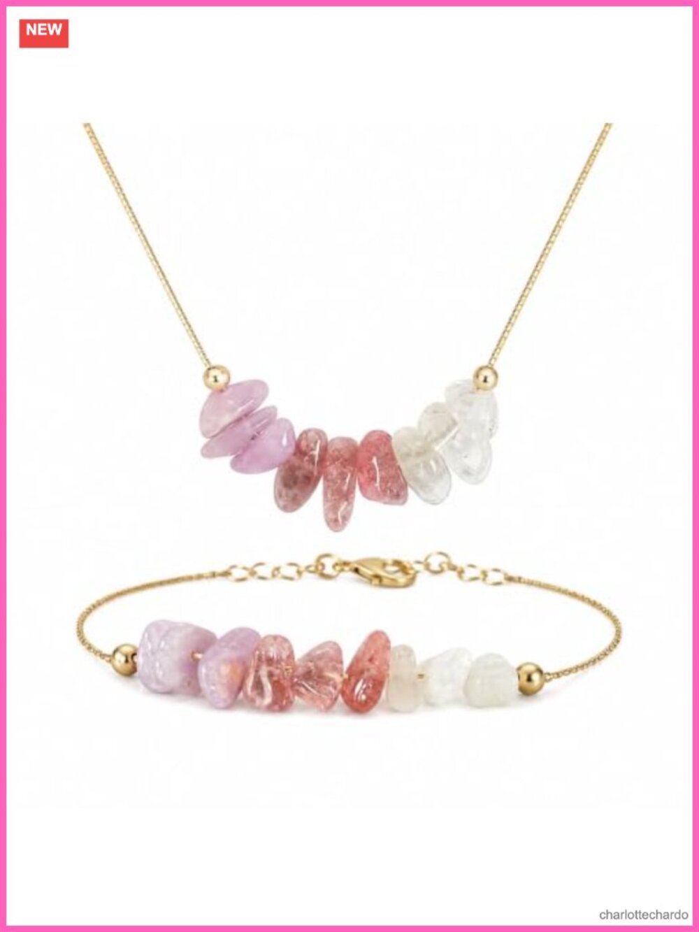 Natural Crystal Necklace Bracelet Set Gold-Tone Chain Boho Healing Jewelry Gift